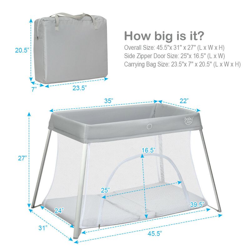 Costway Foldable Baby Playpen Playard Lightweight Crib w/ Carry Bag For Infant Dark Gray, 3 of 11