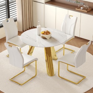 4-Piece Dining Set with Sintered Stone Tabletop and Dining Chairs with Golden Metal Leg - 1 of 4