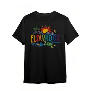 Fioneca Men's "El Salvador" Tropical Graphic T-Shirt - Vibrant Mountain Sea Design With Toucan & Surfboards - 1 of 4