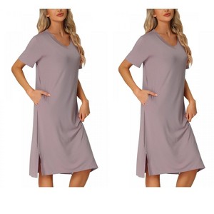 INSPIRE CHIC Women's 2 Pcs Split Hem Pajama Dress Casual V-Neck Short-Sleeve T-Shirt Dress Midi Nightshirt - 1 of 4