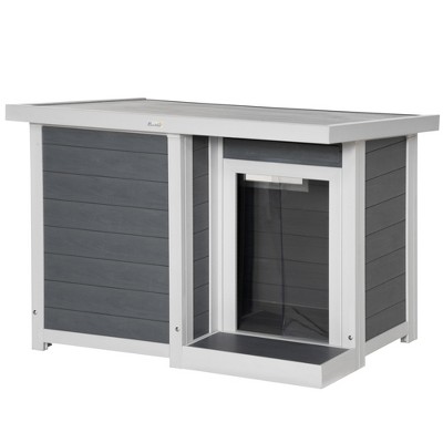PawHut Dog House Outdoor, Cabin Style Pet Home Cottage, Weather Resistant, with Raised Feet, Terrace, Openable Top, PVC Curtain, for Medium Dog Gray