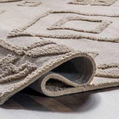 Beige Geometric Wool and Synthetic Square Area Rug, 4' x 6'