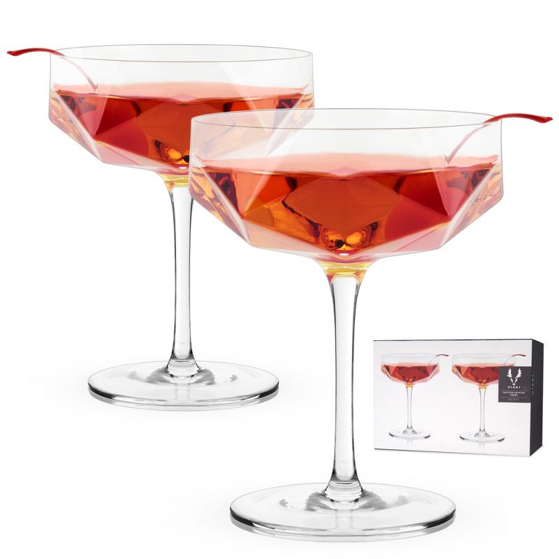 Viski Faceted Coupes Set of 2 - Modern Stemmed Cocktail Glasses, Crystal, Holds 7 oz, Clear, 1 of 10