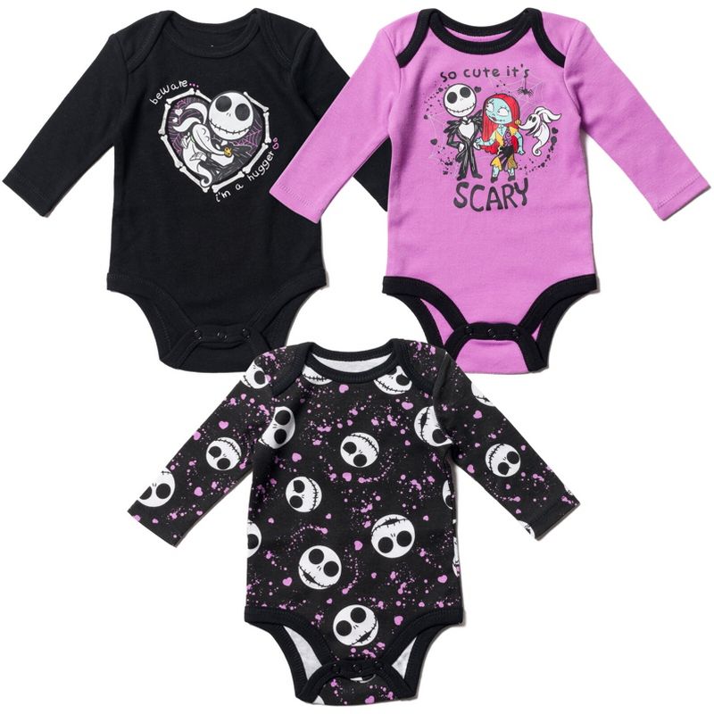 Disney Nightmare Before Christmas Zero Sally Jack Skellington Baby Girls 3 Pack Bodysuits Newborn to Infant , 1 of 8