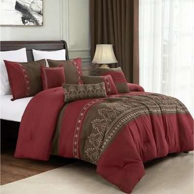 Home Mart Goods 7 Piece Burgundy Brown Embroidery Soft Bedding Comforter Set