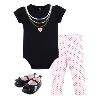 Hudson Baby Infant Girl Cotton Bodysuit, Pant and Shoe Set, Daddys Girl Necklace