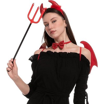 Joyfy 5 Pcs Halloween Costume Accessory Set, Devil Wings Pitchfork Bow Tie Horn Headband Tai Costume Accessories for Halloween Party Costume Decor