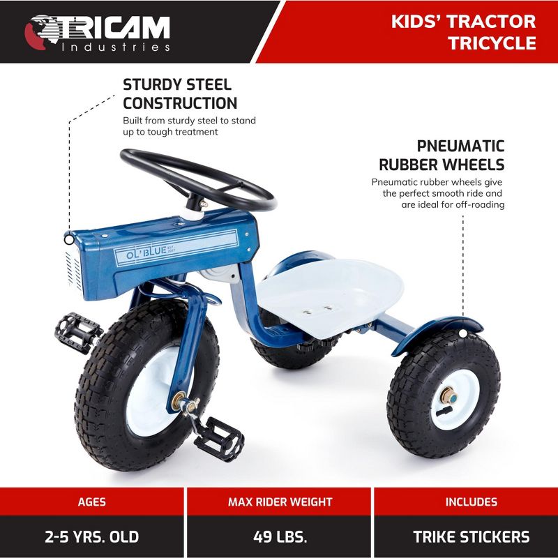 Tricam Ol' Blue Tractor Tricycle, 22 Inch Steel Toddler Bike Kids Ride On Toy with Pedals, 3 Position Adjustable Seat, & Pneumatic Rubber Wheels, Blue, 2 of 9