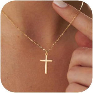 14K Gold Silver Cross Necklace Dainty Choker Non Tarnish Faith Jewelry - 1 of 4