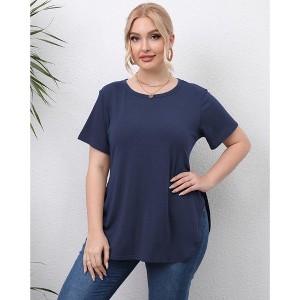 Women's Round Neck Split Hem Short Sleeve T-Shirt Casual Basic Stretchy Cotton Tee Summer Top - 1 of 4