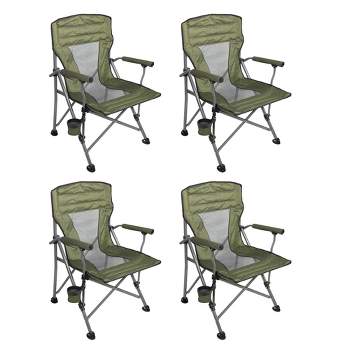 Four Seasons Courtyard Quad Sports Oversized Portable Padded Folding Chair with Lumbar Support, Armrests, Pockets, and Cup Holder, Green (4 Pack)