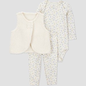 Carter's Just One You® Baby Girls' 3pc Floral Faux Shearling Vest with Bodysuit and Leggings Set - Cream - 1 of 4
