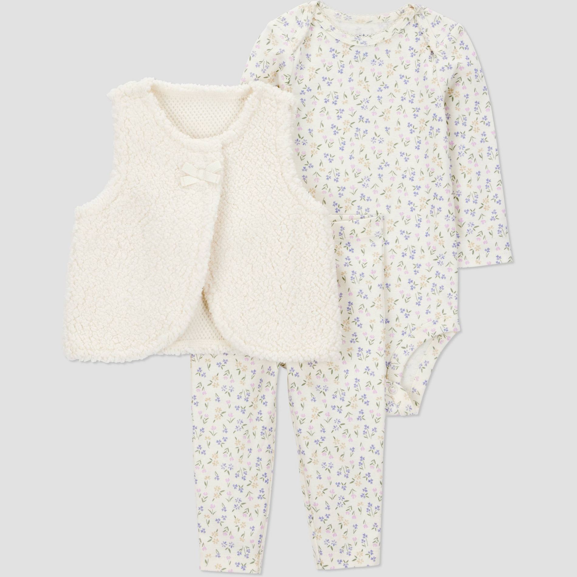 Carter's Just One You® Baby Girls' 3pc Floral Faux Shearling Vest with Bodysuit and Leggings Set - Cream
