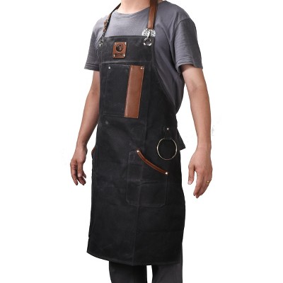Heavy-Duty Black Canvas Cooking Apron with Leather Accents