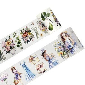 Wrapables Aesthetic Floral Fashion PET Washi Tapes for Scrapbooking, Stationery, Journaling, Diary, Card Making (Set of 2), Blue and Lavender - 1 of 4