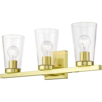 Sleek Cityview Satin Brass 3-Light Vanity with Clear Glass Shades