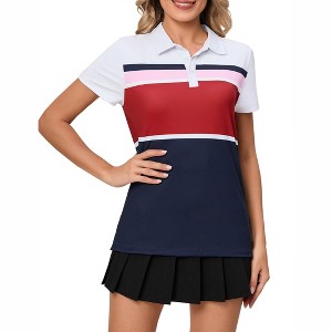 Women's Color - Block Stripe Polo Shirt - Short Sleeve Collared Athletic & Casual Top - 1 of 4