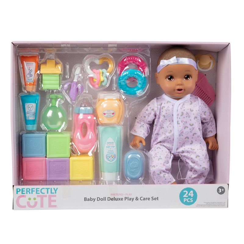 Perfectly Cute 24pc Baby Doll Deluxe Play and Care Set - Light Brown Hair, 1 of 7