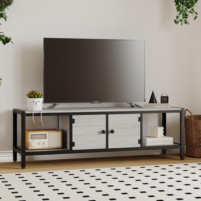 Sturdy Wooden Entertainment Center with 2 Closed & 2 Open Shelves, Adjustable Legs