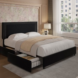 VECELO Upholstered Platform Bed Frame Platform with 4 Storage Drawers, Adjustable Velvet Rivets Headboard - 1 of 4