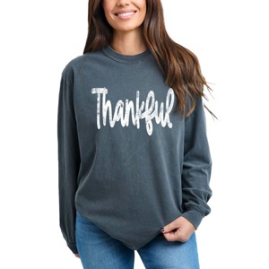 Simply Sage Market Thankful Cursive Distressed Garment Dyed Long Sleeve - 1 of 4