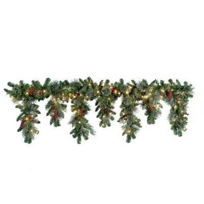 Haute Décor 6' Battery Operated Pre-Lit LED Mixed Greenery Christmas Cascading Artificial Mantel Swag White Lights