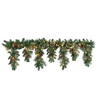 Haute Décor 6' Battery Operated Pre-Lit LED Mixed Greenery Christmas Cascading Artificial Mantel Swag White Lights