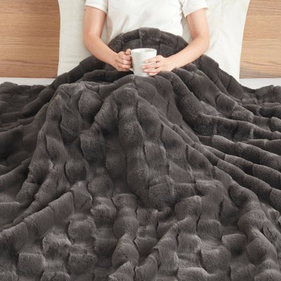 Gray Reversible Faux Fur Basketweave Throw Blanket