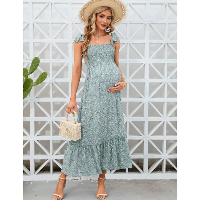 Smocked Maternity Boho Summer Dress Casual Spaghetti Strap Ruffle Sleeveless Swing Maxi Dress Baby Shower Photoshoot Green Floral L, 4 of 8
