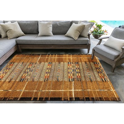 Tribal Stripe Gold Synthetic Round Indoor/Outdoor Rug