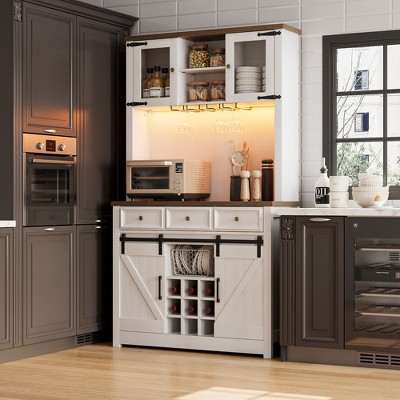 Garvee 72'' Coffee Bar Cabinet with LED Light and Power Outlet, Large Kitchen Hutch with 3 Drawers and Glass Rack, Tall Wine Cabinet for Home Bar