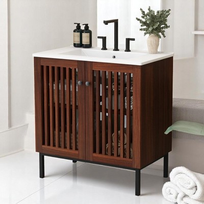 Mshliw 30" Vintage Bathroom Vanity with Ceramic Sink, Soft-Close Fence Doors, Iron Legs & Antique Dark Brown Finish