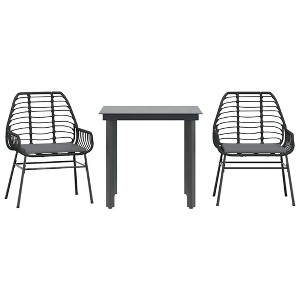 vidaXL 3 Piece Patio Dining Set with Cushions - Black Poly Rattan Furniture Set with Tempered Glass Table - Ideal for Garden, Backyard, and Patio use - 1 of 4