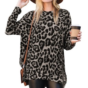 Amaryllis Women's Oversized Leopard Print Pullover Crew Neck Long Sleeve High-Low Hem Tunic Top - 1 of 4