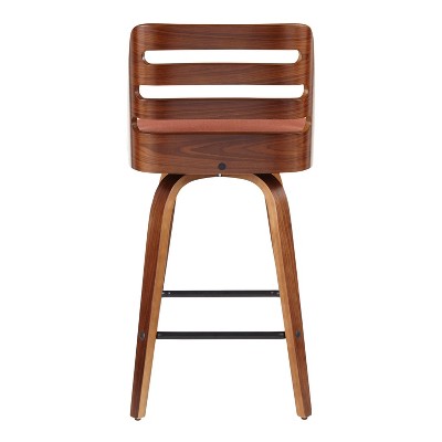 Set of 2 Orange Upholstered Walnut Wood Swivel Counter Stools