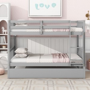 Twin Over Twin Rubber Wood Bunk Bed with Trundle, Convertible into Twin Size Beds, Twin Size Bunk Bed with Ladder and Safety Guardrails,Grey - 1 of 4