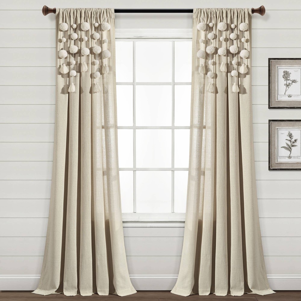 Photos - Curtain Rod / Track 84"x52" Pom-Pom Tassel Linen Light Filtering Window Curtain Panel Light Brown - Lush Décor: Boho Modern Cotton Blend