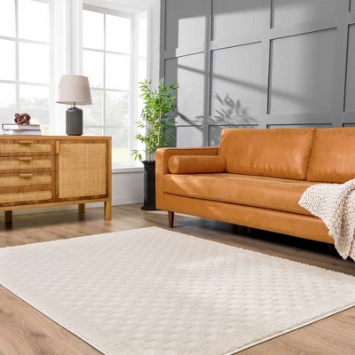 Ivory Geometric High Pile Polyester Area Rug 6'7" x 9'