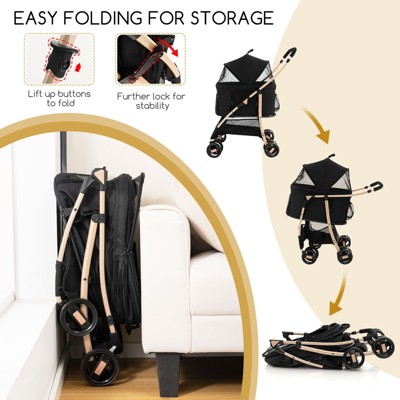 Black and Gold 3-in-1 Pet Stroller with Adjustable Canopy