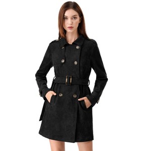 Allegra K Women's Notched Lapel Double Breasted Faux Suede Trench Coat with Belt - 1 of 4