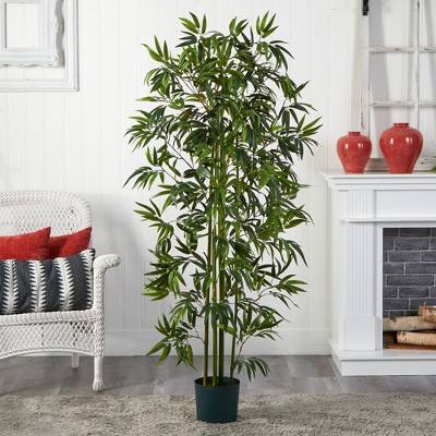 Tall Green Silk and Plastic Bamboo Floor Plant in Pot