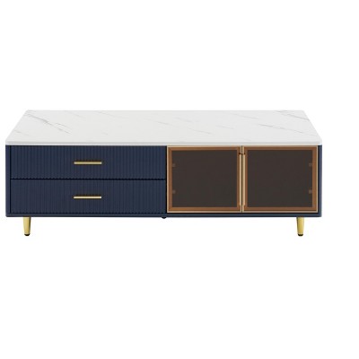 Vynxaria Navy Blue Coffee Tables with Glass Storage and Gold Accents