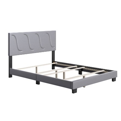 Boyd Sleep VMI0404GYEK Brussels Faux Leather Upholstered King Size Platform Bed Frame with Decorative Headboard and Wood Slat Supports, Grey