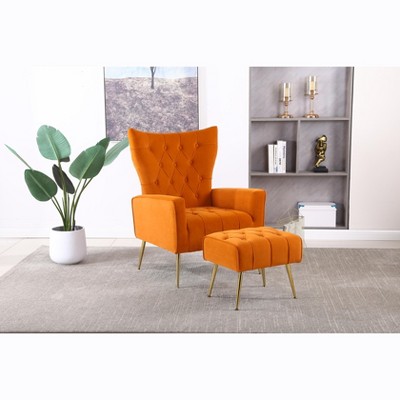 TOAOTBNBO Velvet Tufted Modern Armchair with Wooden Legs, Office Armchair with Ottoman, Comfy Upholstered Wingback Arm Chair, Orange