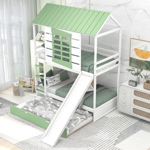 Twin over Twin Size Bunk Bed Playful Loft Bed Kids House Bed with Convertible Slide and Trundle, White+Green - ModernLuxe - 1 of 4