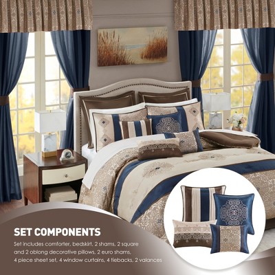 Regency Heights 24 Pcs RIAB Faux Silk Luxury Bedding Set, Classic Palace Style Medallion Jacquard Premium Bed Set with Pillows, Bedskirt and Valances, Navy, Queen — фото 4