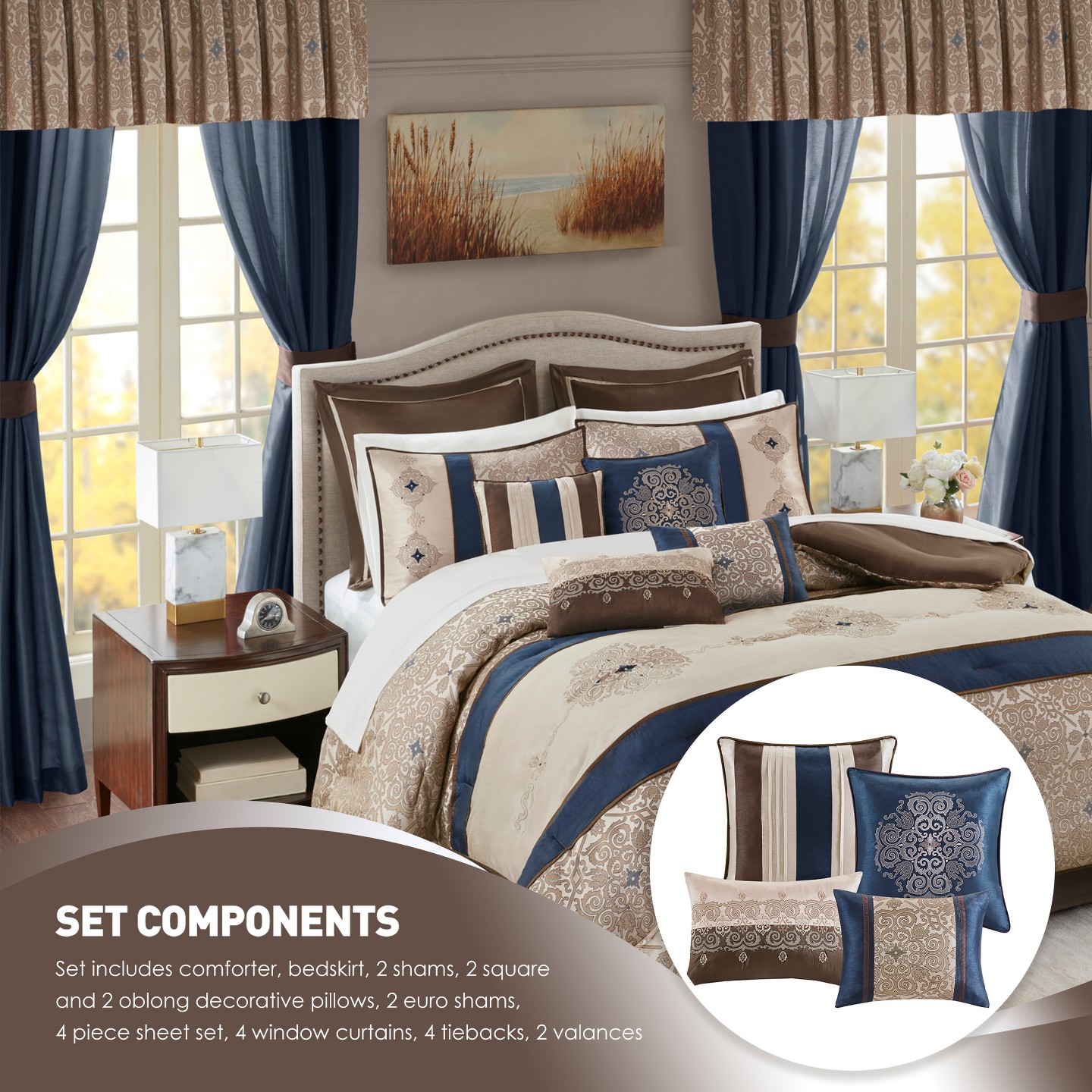Постельное бельё Regency Heights 24 Pcs Riab Faux Silk Luxury Bedding Set, Classic Palace Style Medallion Jacquard Premium Bed Set with Pillows, Bedskirt and Valances, Navy, цвет: Тёмно-синий — фото 4
