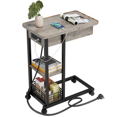 C-Shaped End Table, Flip Top Couch Table, Lockable Wheels, 3 Tier Storage Shelves, Industrial Rolling Bedside Table for Living Room, Bedroom