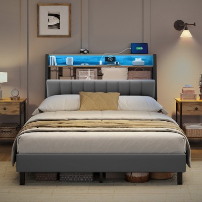VASAGLE LED Bed Frame Full/Queen Size with Storage Headboard and Charging Station