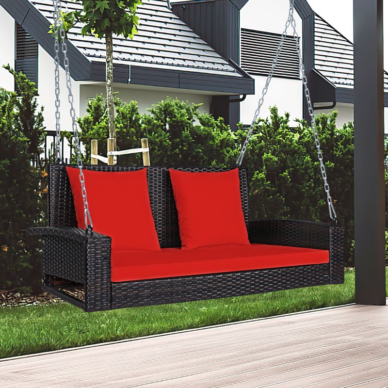 Tangkula Outdoor Wicker Porch Swing Bench 2-Person Patio Rattan Swing Chair W/ Soft Cushions White/Turquoise/Red/Black, 2 of 9